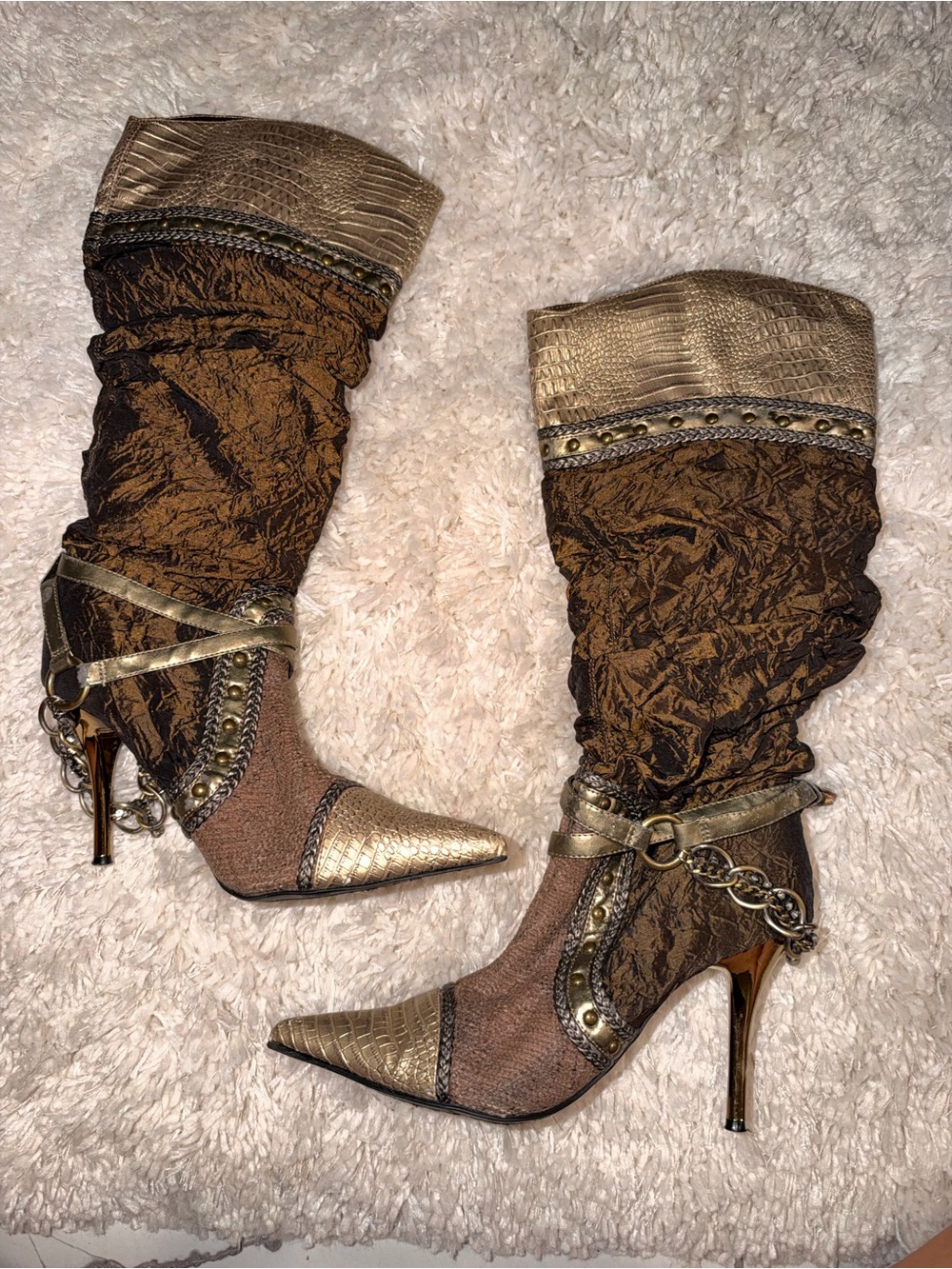 Vintage Y2K Wild Rose Brown & Gold Snakeskin Print Boots - Picture 3 of 11